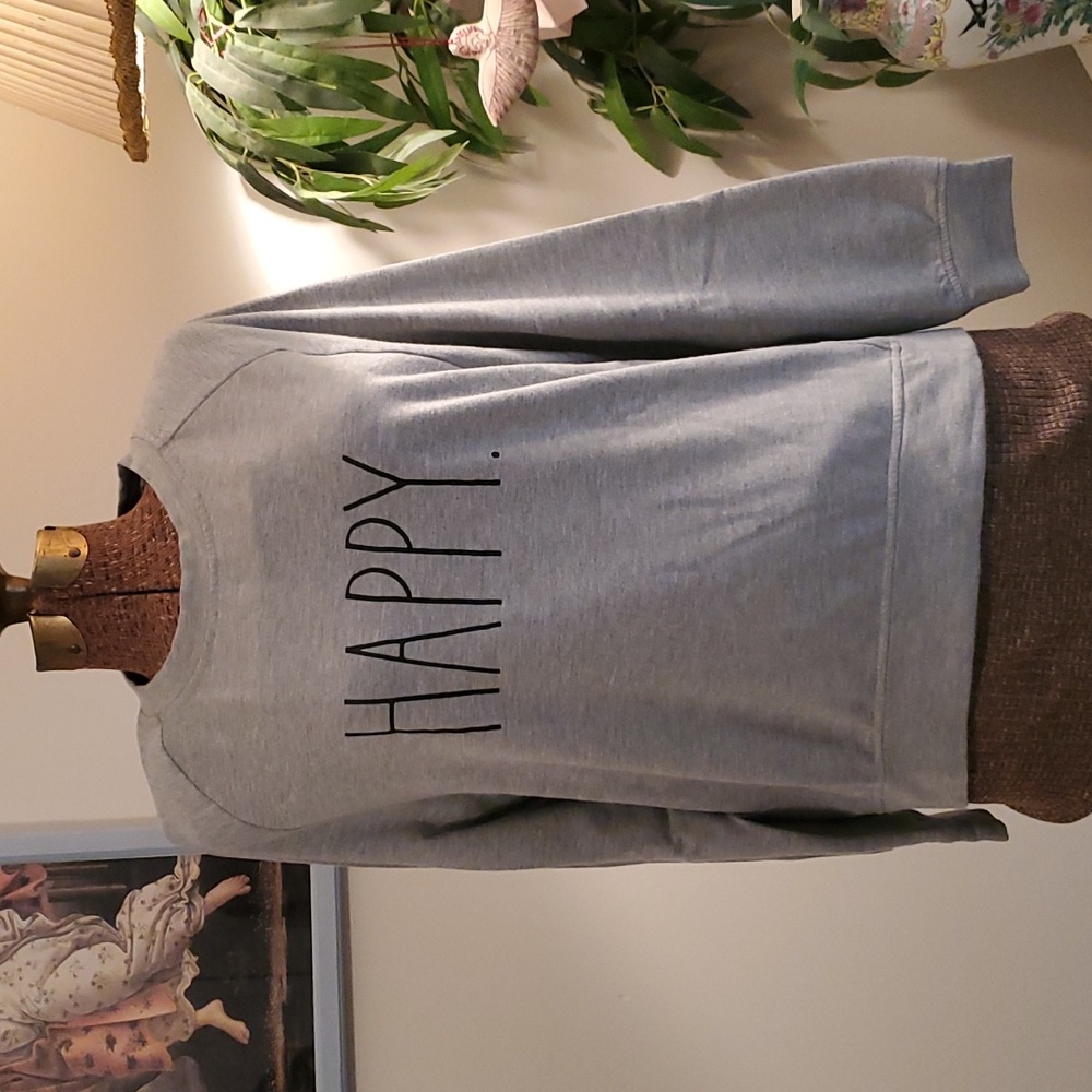 RAE DUNN Grey Sweatshirt HAPPY Size Medium EUC Polyester Rayon Spandex No Hood